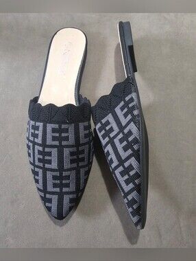 Black Gray Patterned 'E'  Pointed-Toe Slip-On Mules